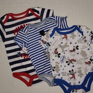 Disney baby set of 3 onesies bodysuits Mickey Mouse Red White & Blue  stripes